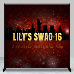 Lofaris Custom Swag 16th Birthday Backdrop New York City Skyline Silhouette and Red Glitter Sparkle Party Banner