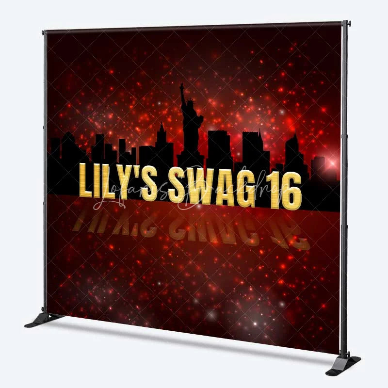 Lofaris Custom Swag 16th Birthday Backdrop New York City Skyline Silhouette and Red Glitter Sparkle Party Banner