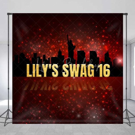 Lofaris Custom Swag 16th Birthday Backdrop New York City Skyline Silhouette and Red Glitter Sparkle Party Banner