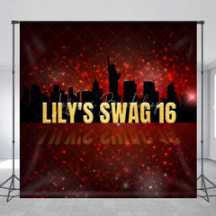 Lofaris Custom Swag 16th Birthday Backdrop New York City Skyline Silhouette and Red Glitter Sparkle Party Banner