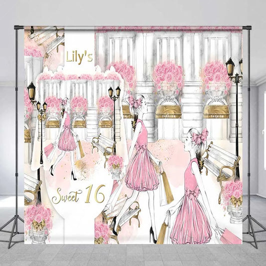 Lofaris Custom Sweet 16 Backdrop Pink Fashion Girl Shopping in Paris with Roses and Bench Background