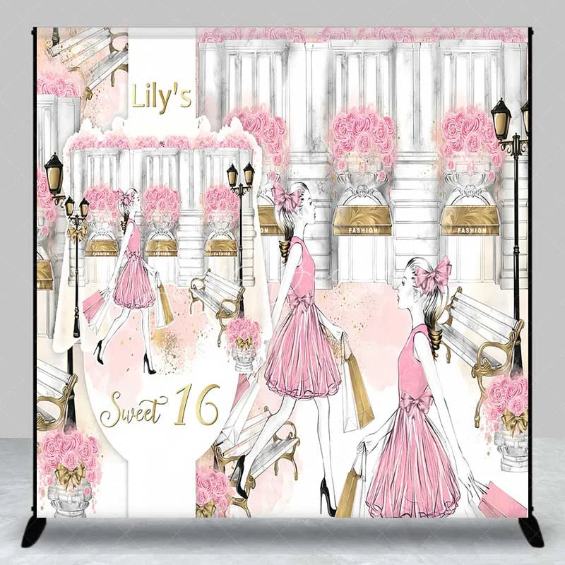 Lofaris Custom Sweet 16 Backdrop Pink Fashion Girl Shopping in Paris with Roses and Bench Background