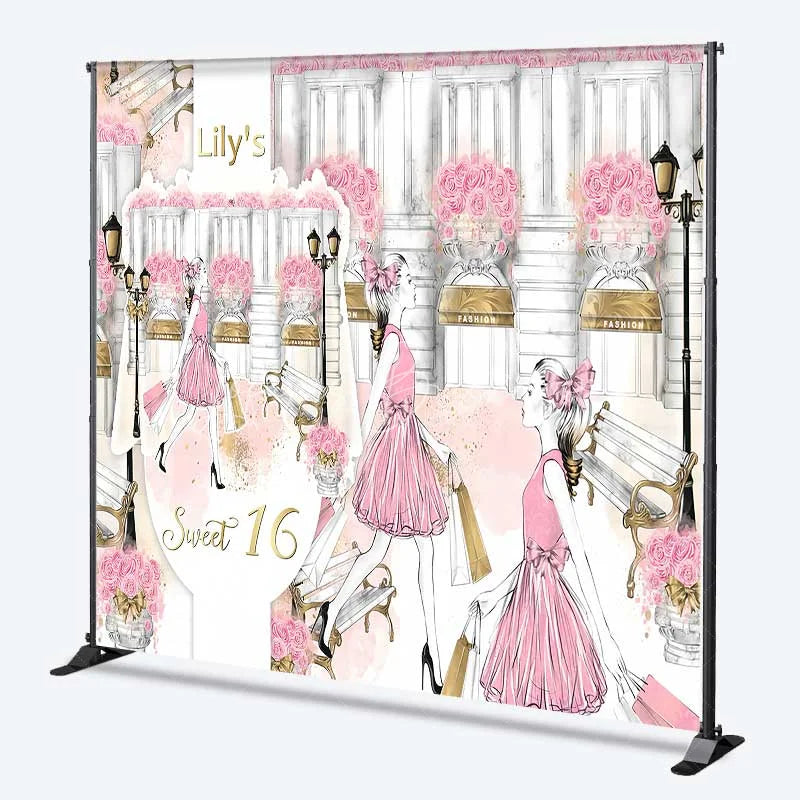 Lofaris Custom Sweet 16 Backdrop Pink Fashion Girl Shopping in Paris with Roses and Bench Background