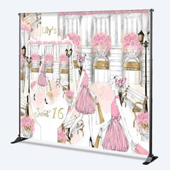 Lofaris Custom Sweet 16 Backdrop Pink Fashion Girl Shopping in Paris with Roses and Bench Background