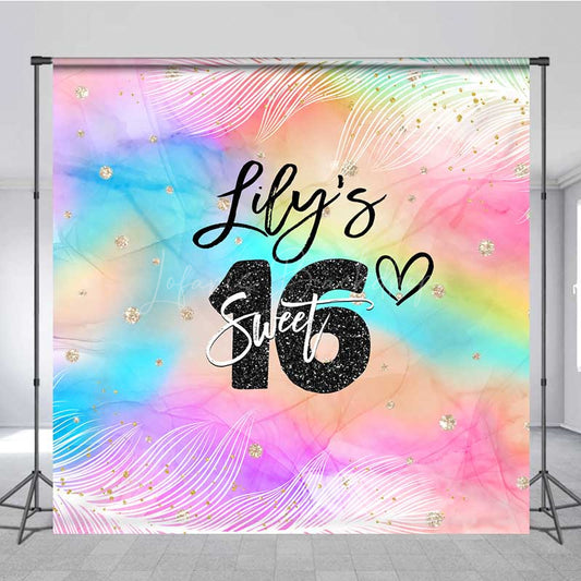 Lofaris Custom Sweet 16 Birthday Backdrop Rainbow Watercolor and Glitter Background Personalized Sixteenth Party Photo Prop