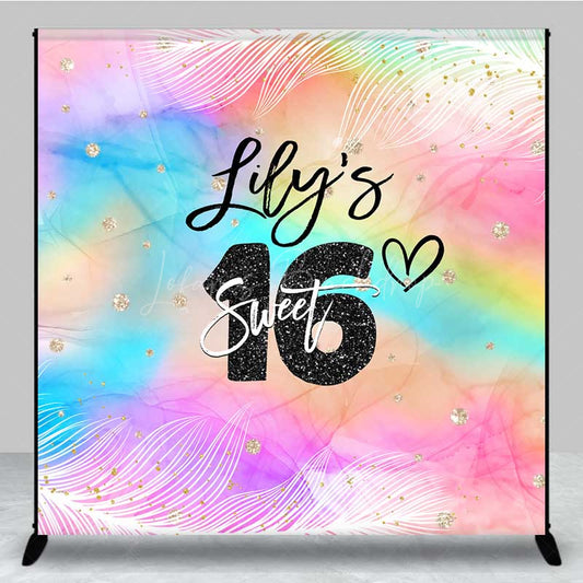 Lofaris Custom Sweet 16 Birthday Backdrop Rainbow Watercolor and Glitter Background Personalized Sixteenth Party Photo Prop