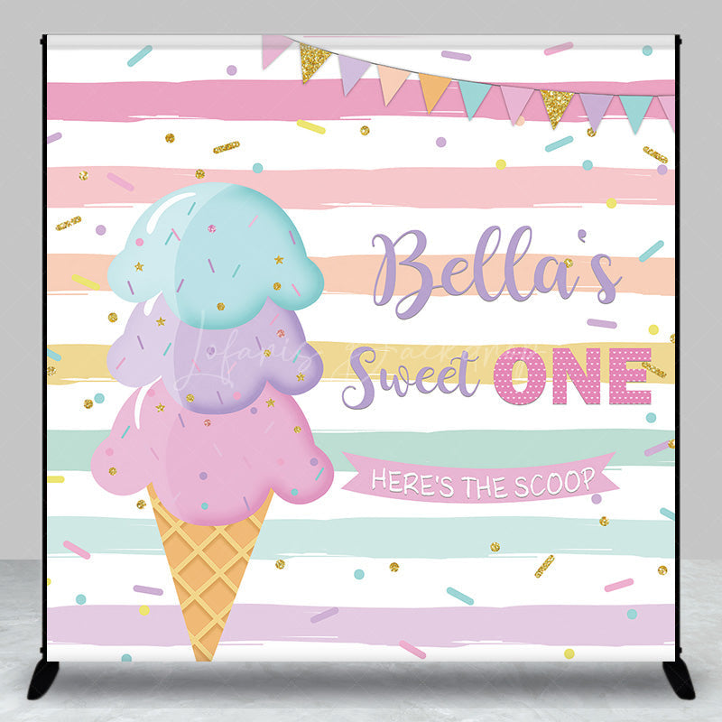 Lofaris Custom Sweet One Birthday Backdrop for Girl Ice Cream Cone and Sprinkles Pastel Here’s The Scoop Party Banner