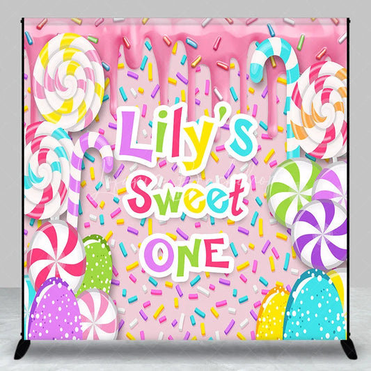 Lofaris Custom Sweet One First Birthday Backdrop Pink Candy Land with Colorful Lollipops and Sprinkles Decor