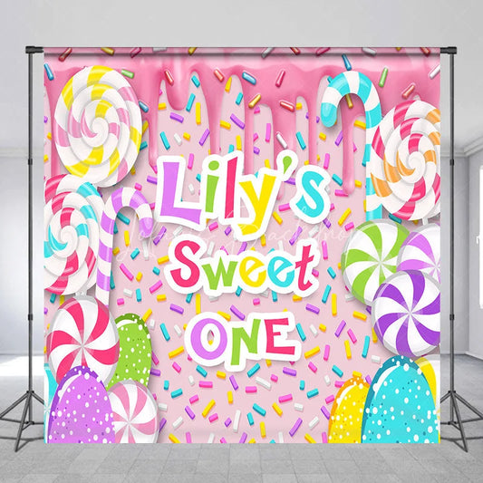 Lofaris Custom Sweet One First Birthday Backdrop Pink Candy Land with Colorful Lollipops and Sprinkles Decor