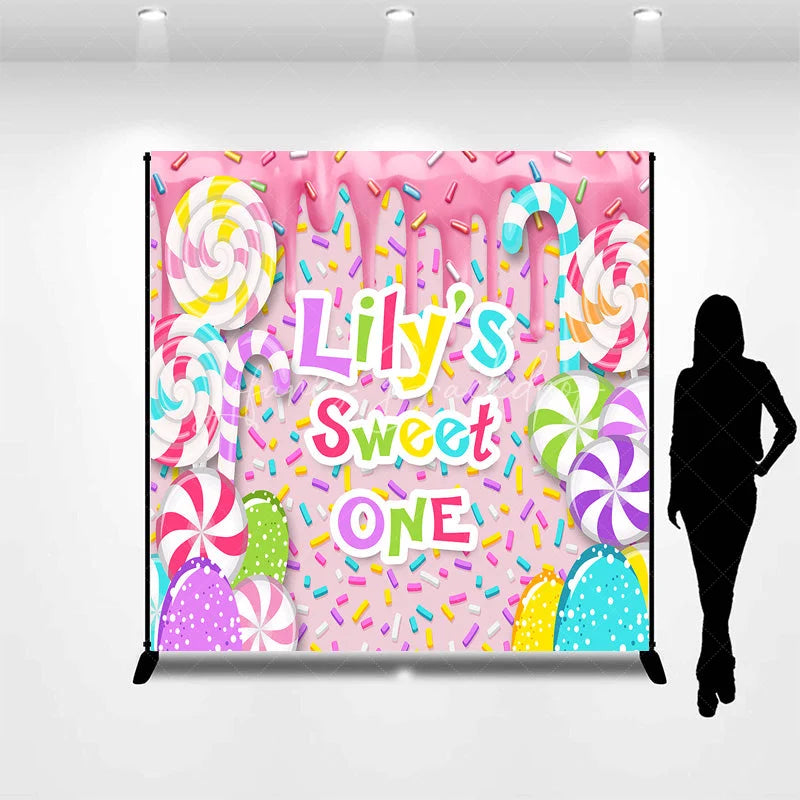 Lofaris Custom Sweet One First Birthday Backdrop Pink Candy Land with Colorful Lollipops and Sprinkles Decor
