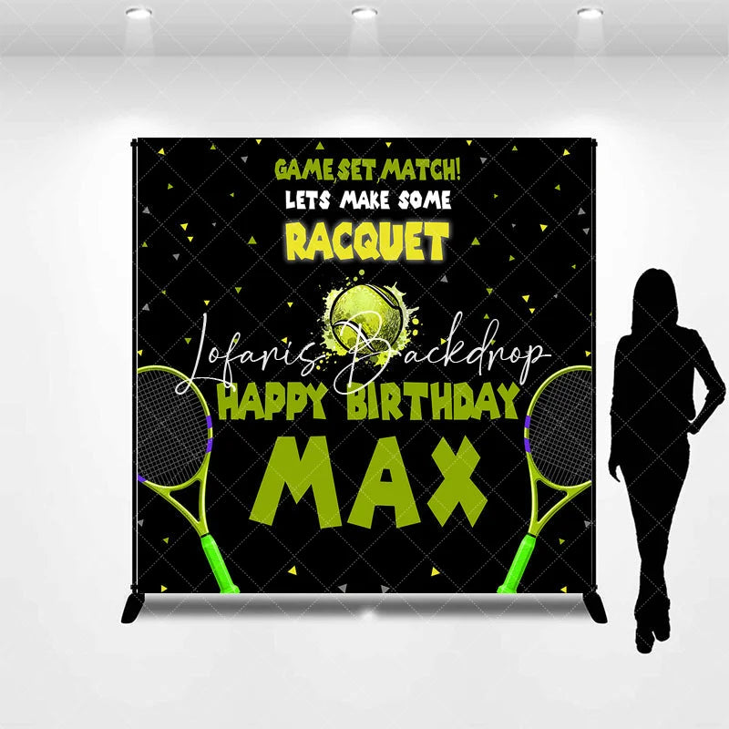 Lofaris Custom Tennis Theme Happy Birthday Backdrop with Rackets and Ball Game Set Match Party Decor