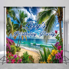Lofaris Custom Tropical Beach Birthday Party Backdrop Palm Trees and Vibrant Flowers for Photo
