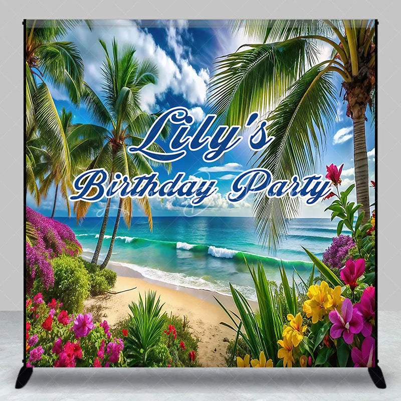 Lofaris Custom Tropical Beach Birthday Party Backdrop Palm Trees and Vibrant Flowers for Photo