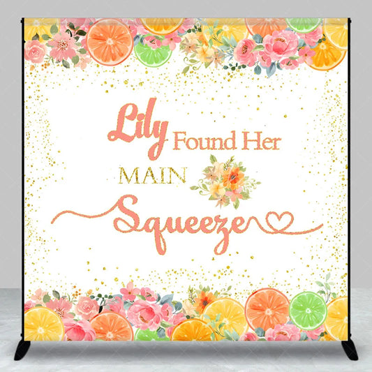 Lofaris Custom Watercolor Citrus Floral Backdrop with Gold Glitter Personalized Found Her Squeezer Bridal Shower Decor