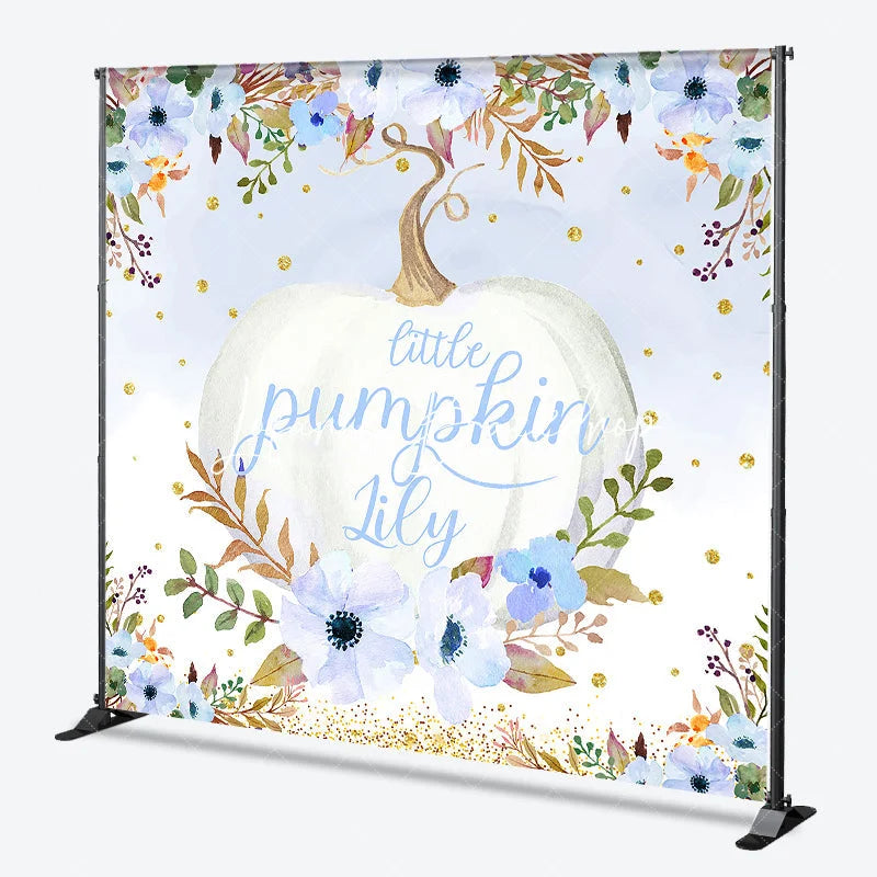 Lofaris Custom Watercolor Little Pumpkin Backdrop Blue and White Floral Golden Glitter for Autumn Baby Shower Party
