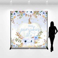 Lofaris Custom Watercolor Little Pumpkin Backdrop Blue and White Floral Golden Glitter for Autumn Baby Shower Party