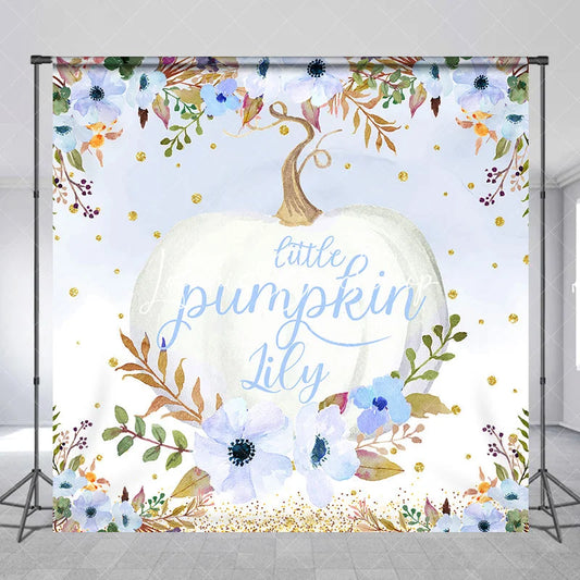 Lofaris Custom Watercolor Little Pumpkin Backdrop Blue and White Floral Golden Glitter for Autumn Baby Shower Party