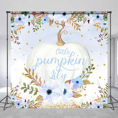 Lofaris Custom Watercolor Little Pumpkin Backdrop Blue and White Floral Golden Glitter for Autumn Baby Shower Party