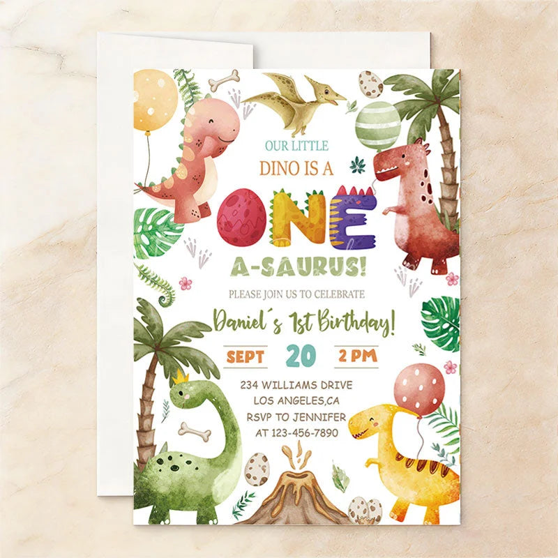 Lofaris Custom Watercolor Set of 20 Dinosaur One A-Saurus 1st Birthday Invitation Jungle Theme Party Supplies for Kids