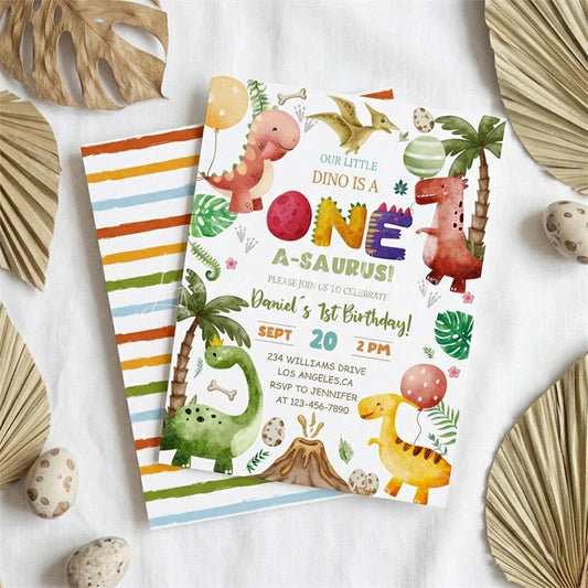 Lofaris Custom Watercolor Set of 20 Dinosaur One A-Saurus 1st Birthday Invitation Jungle Theme Party Supplies for Kids