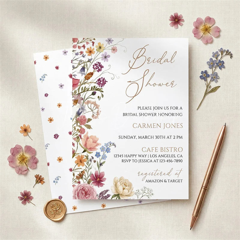 Lofaris Custom Watercolor Set of 20 Wildflower Bridal Shower Invitation Elegant Floral Garden Party Design