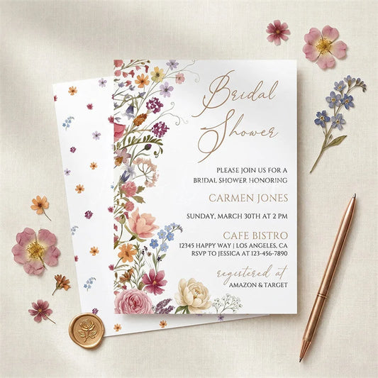 Lofaris Custom Watercolor Set of 20 Wildflower Bridal Shower Invitation Elegant Floral Garden Party Design