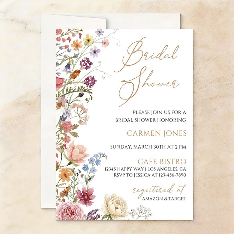 Lofaris Custom Watercolor Set of 20 Wildflower Bridal Shower Invitation Elegant Floral Garden Party Design