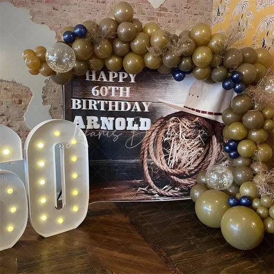 Lofaris Custom Western Happy 70th Birthday Backdrop with Rustic Wood Planks Cowboy Hat and Hay Bale Decor