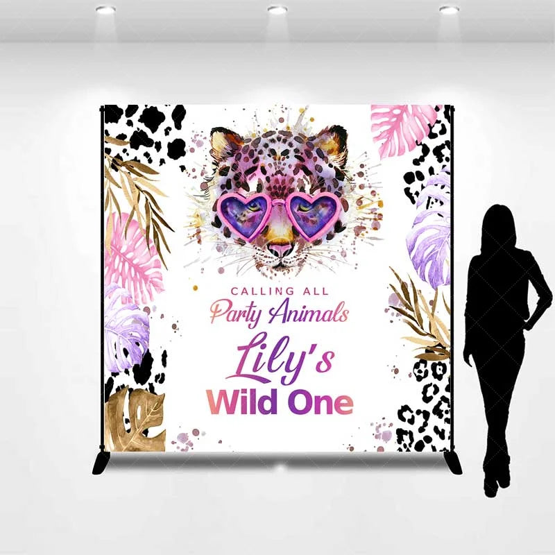 Lofaris Custom Wild One 1st Birthday Backdrop Leopard with Heart Glasses and Tropical Leaves Party Background