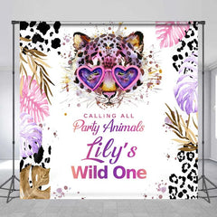 Lofaris Custom Wild One 1st Birthday Backdrop Leopard with Heart Glasses and Tropical Leaves Party Background