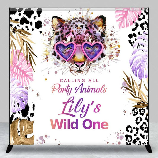 Lofaris Custom Wild One 1st Birthday Backdrop Leopard with Heart Glasses and Tropical Leaves Party Background