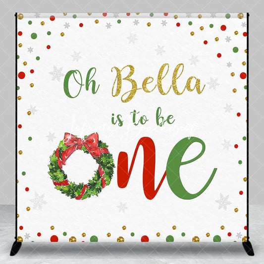 Lofaris Custom Winter First Birthday Backdrop with Christmas Wreath Gold Glitter Snowflakes and Red Green Confetti.