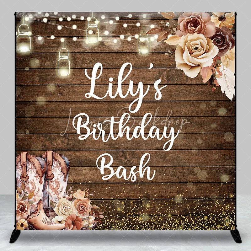 Lofaris Custom Wooden Birthday Bash Backdrop with Rustic Cowboy Boots String Lights and Golden Glitter