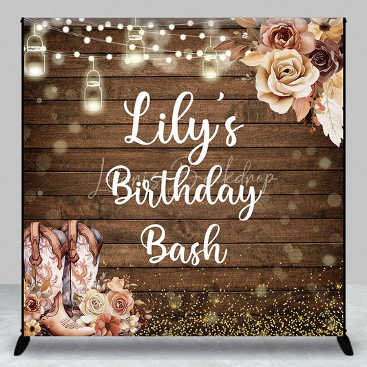 Lofaris Custom Wooden Birthday Bash Backdrop with Rustic Cowboy Boots String Lights and Golden Glitter