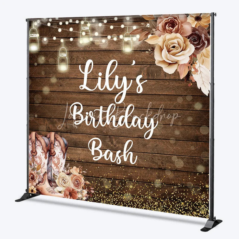 Lofaris Custom Wooden Birthday Bash Backdrop with Rustic Cowboy Boots String Lights and Golden Glitter