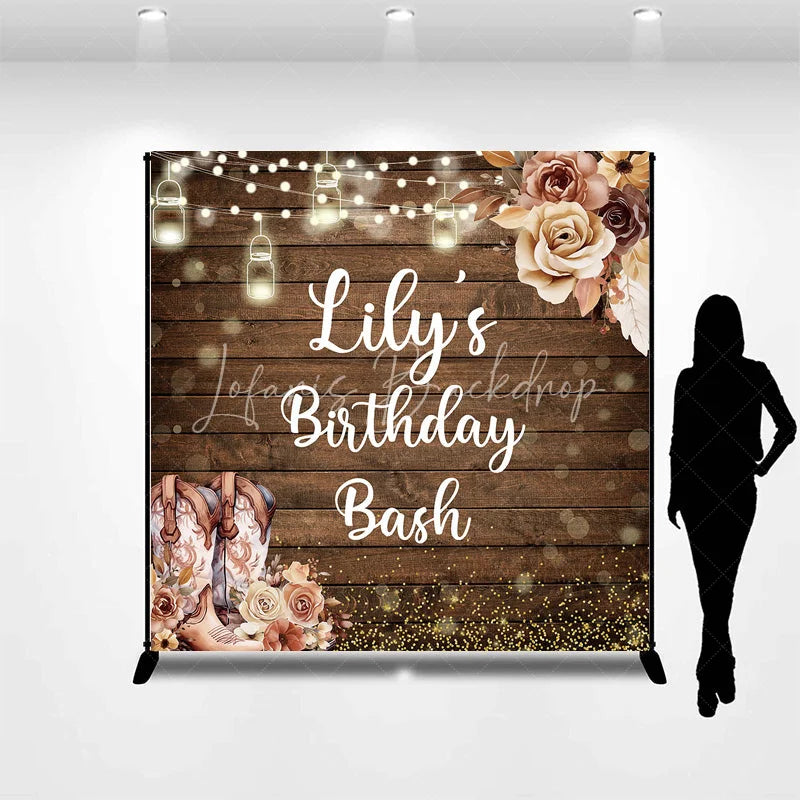 Lofaris Custom Wooden Birthday Bash Backdrop with Rustic Cowboy Boots String Lights and Golden Glitter