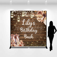 Lofaris Custom Wooden Birthday Bash Backdrop with Rustic Cowboy Boots String Lights and Golden Glitter