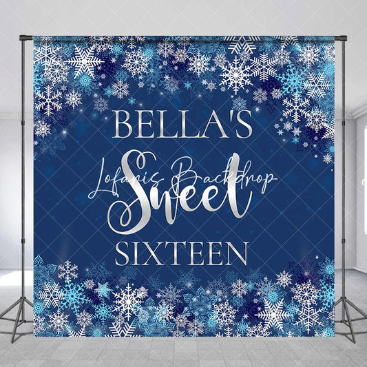 Lofaris Customized Blue and Silver Snowflake Winter Sweet Sixteen Birthday Party Backdrop Personalized Name Decor