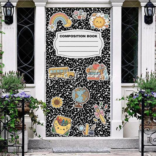 Lofaris Cute Back to School Composition Book Door Cover with Bus Books and Globe for Classroom Decor