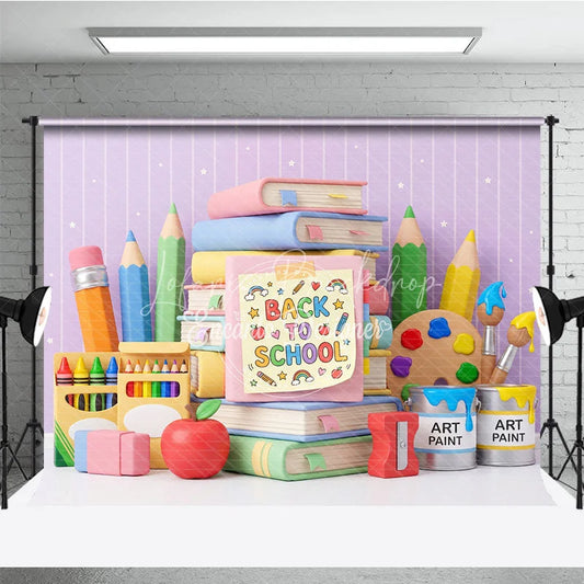 Lofaris Cute Back to School Photography Backdrop with Books Pencils and Art Supplies Pastel Colors Stars