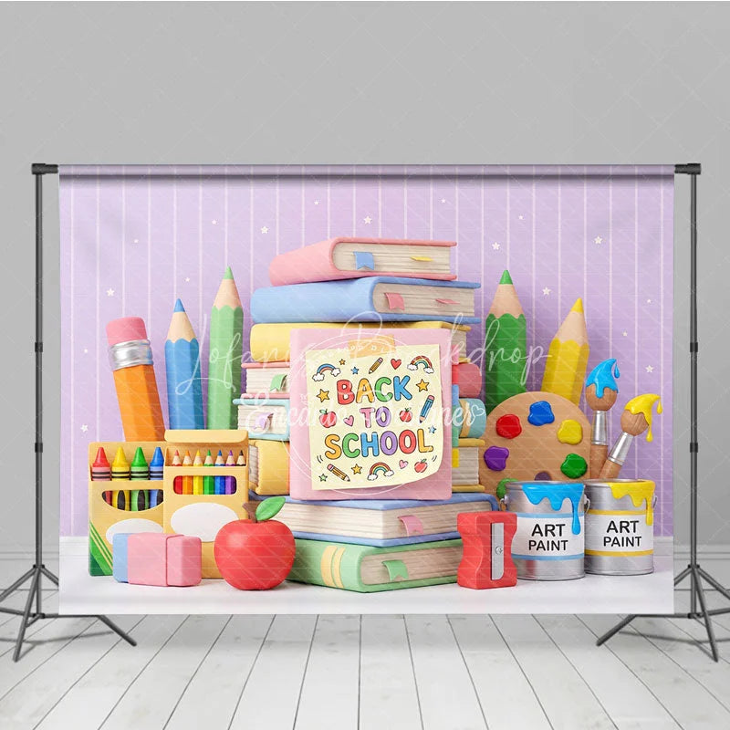 Lofaris Cute Back to School Photography Backdrop with Books Pencils and Art Supplies Pastel Colors Stars