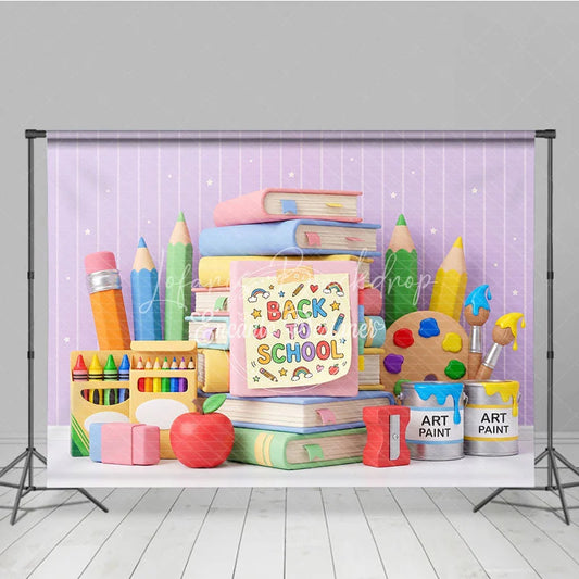 Lofaris Cute Back to School Photography Backdrop with Books Pencils and Art Supplies Pastel Colors Stars