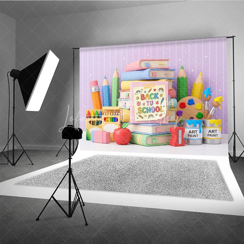 Lofaris Cute Back to School Photography Backdrop with Books Pencils and Art Supplies Pastel Colors Stars