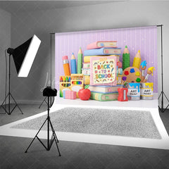 Lofaris Cute Back to School Photography Backdrop with Books Pencils and Art Supplies Pastel Colors Stars