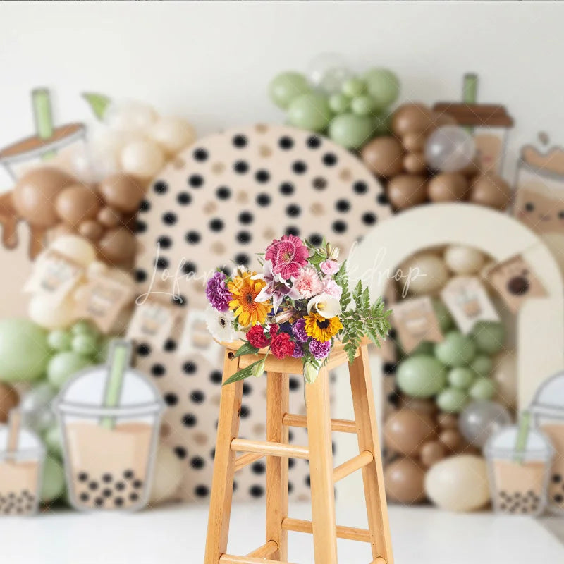 Lofaris Cute Boba Tea Theme Photography Backdrop with Polka Dot Arch and Pastel Balloons Sweet Birthday Party Decor