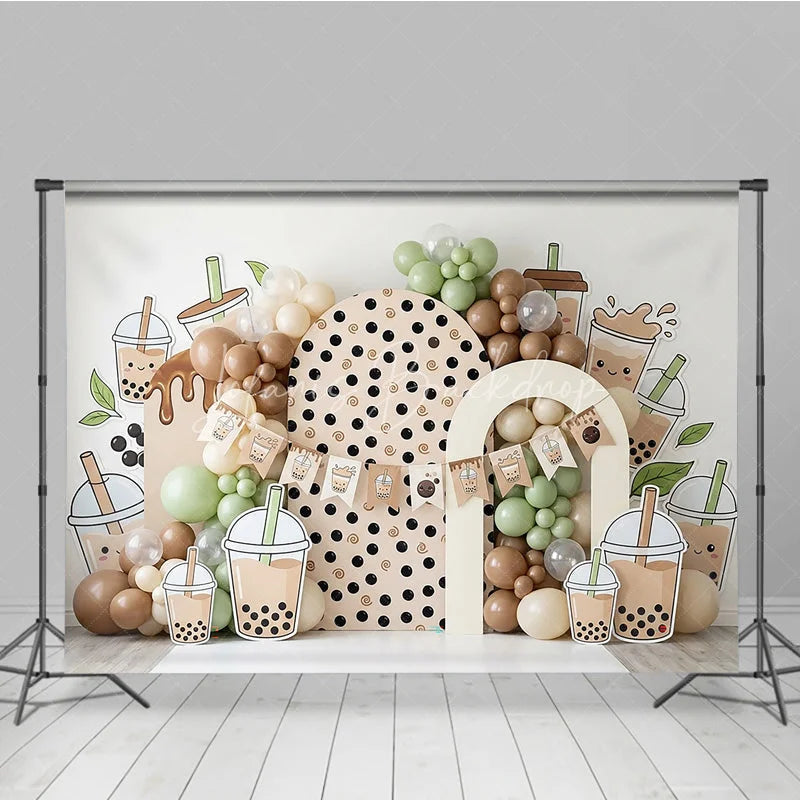 Lofaris Cute Boba Tea Theme Photography Backdrop with Polka Dot Arch and Pastel Balloons Sweet Birthday Party Decor