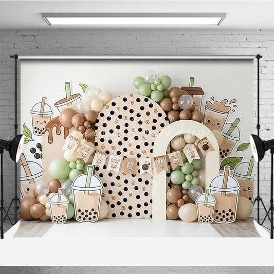 Lofaris Cute Boba Tea Theme Photography Backdrop with Polka Dot Arch and Pastel Balloons Sweet Birthday Party Decor