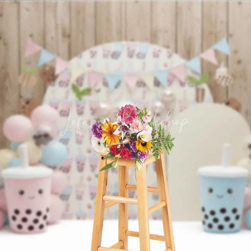 Lofaris Cute Bubble Tea Backdrop Pastel Boba Milk Cup Photography Background Kawaii Girls Birthday Party Decoration