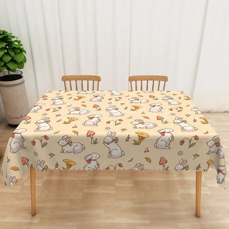 Lofaris Cute Bunny Mushroom Rectangle Tablecloth Beige Rabbit Carrot Table Cover Easter Spring Baby Shower Decor
