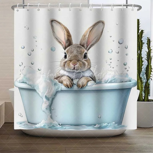 Lofaris Cute Bunny Shower Curtain Brown Rabbit in Bathtub Bubble Bathroom Decoration Farmhouse Animal Pet Bath Set